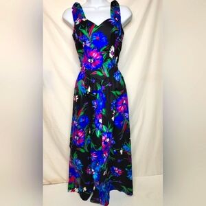 Vintage 80's Lanz Originals Maxi Dress Black & Floral 100% Cotton Womens Size 6